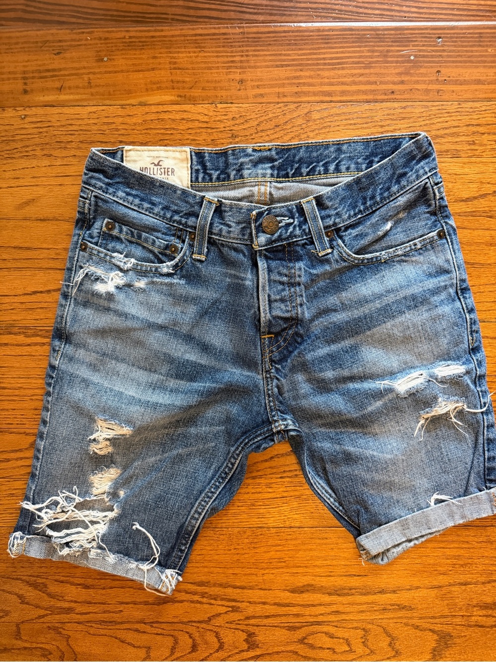 Hollister Ripped Roll-Cuff Denim Shorts in Medium Blue